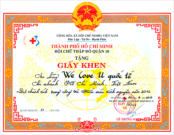 HO CHI MINH CITY Red Cross DISTRICT 10 DONATION Certificate of Merit The Intl. WeLoveU Foundation
