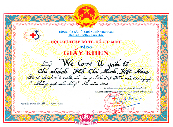 Red Cross HO CHI MINH DONATION Certificate of Merit The Intl. WeLoveU Foundation