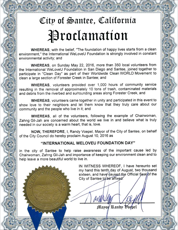 Ciudad de Santee, California, Proclamación