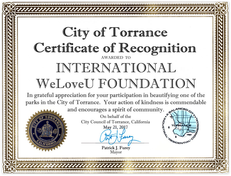 Certificate of recognition from Mayor of Torrance in U.S.
