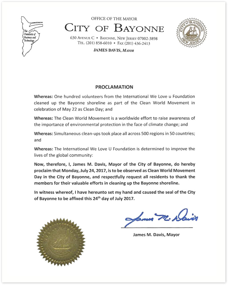 Văn tuyên ngôn của Thị trưởng Bayonne, Belleville, NJ, Mỹ