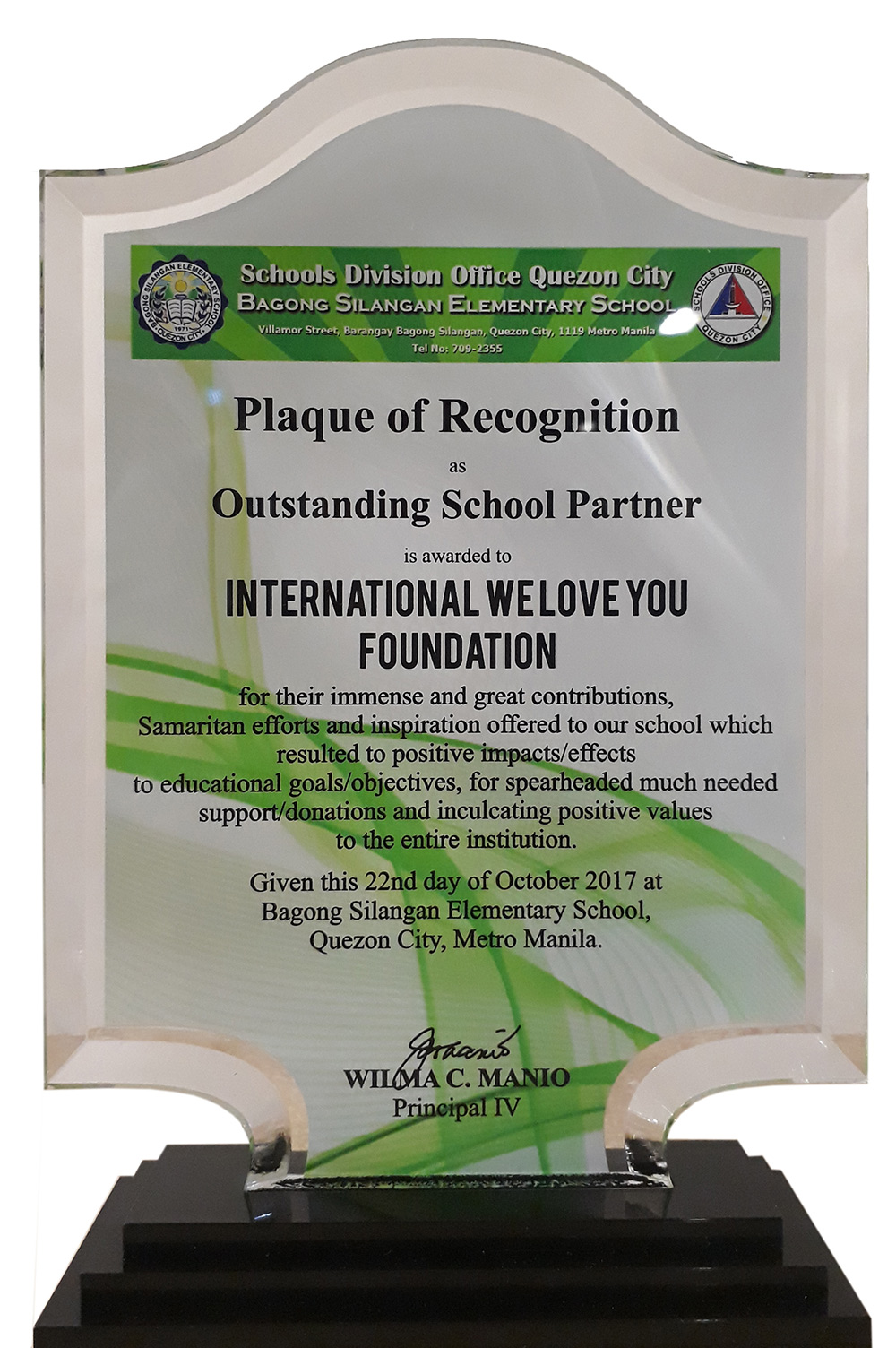 Bia tuyên dương của Trường tiểu học Bagong Silangan, Sở giáo dục Quezon City, Philippines