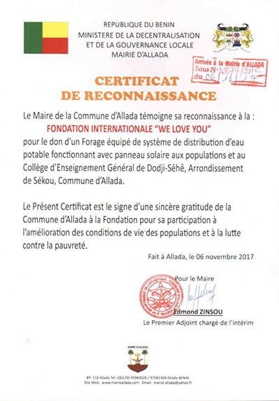 Bản cảm tạ của Thị trưởng Allada, Benin