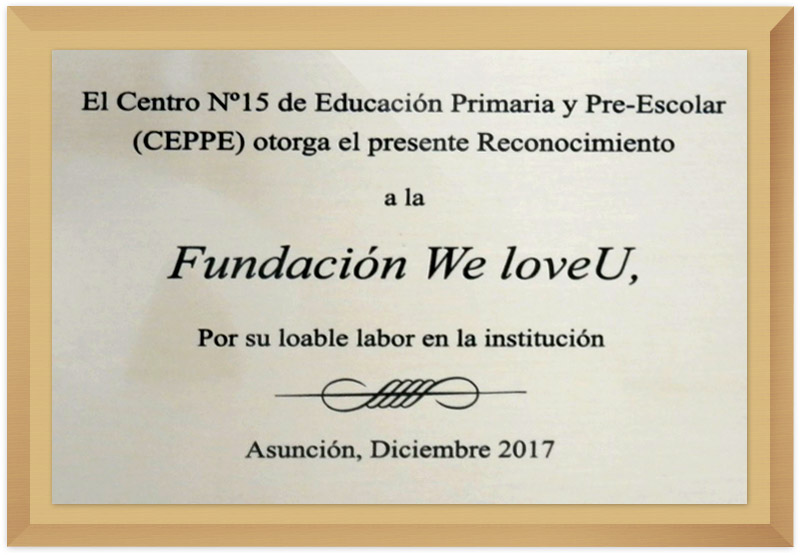 Bia cảm tạ của Trung tâm giáo dục học sinh tiểu học và ấu nhi 15, Asuncion, Paraguay