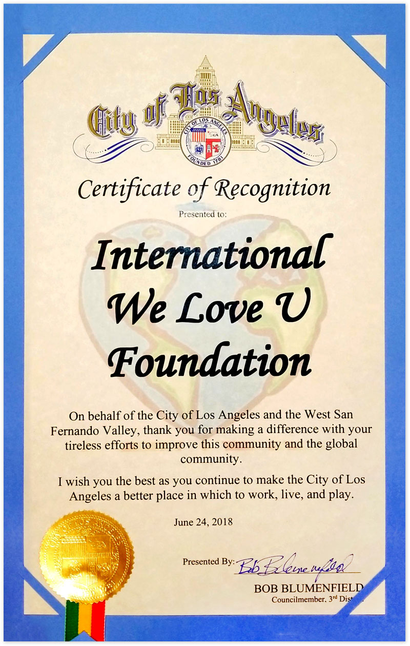 Certificate of recognition from City of Los Angeles, Councilmember 3rd District in U.S.