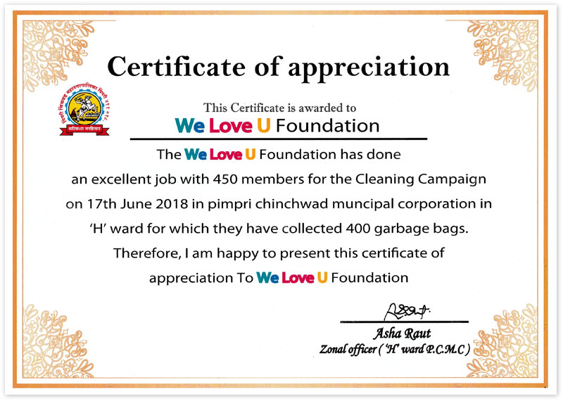 Certificate of Appreciation from Pimpri Chinchwad Municipal Corporation in India