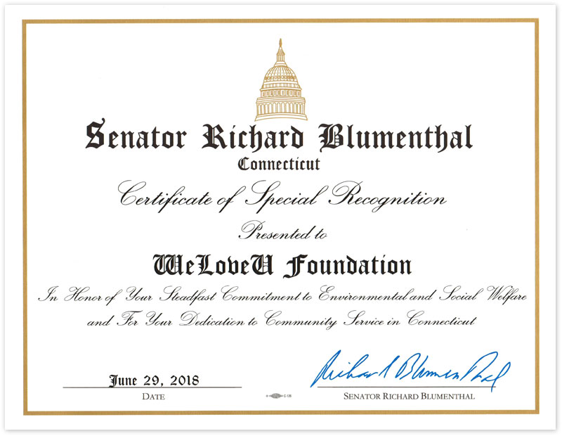 Certificate of Special Recognition from Senator of Connecticut in U.S.