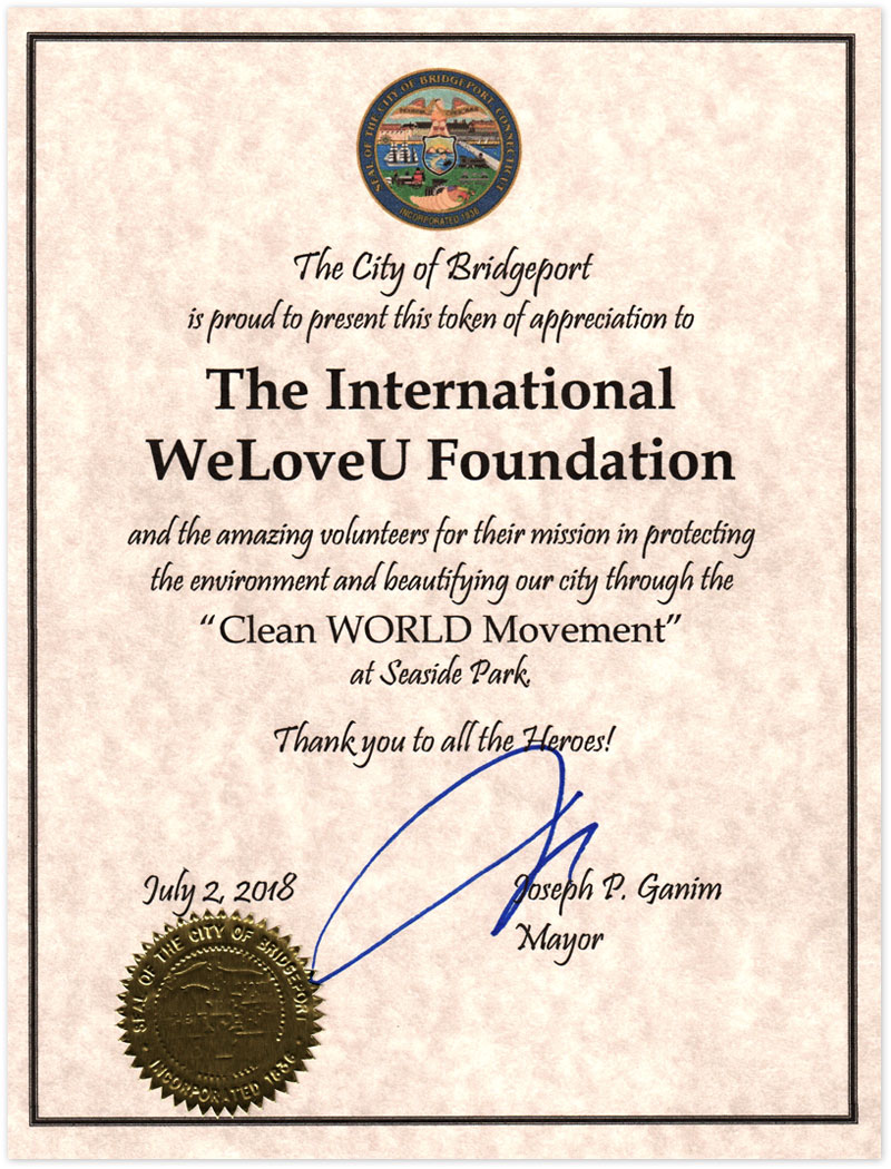 Certificate of Appreciation from Mayor of Bridgeport, CT, U.S.
