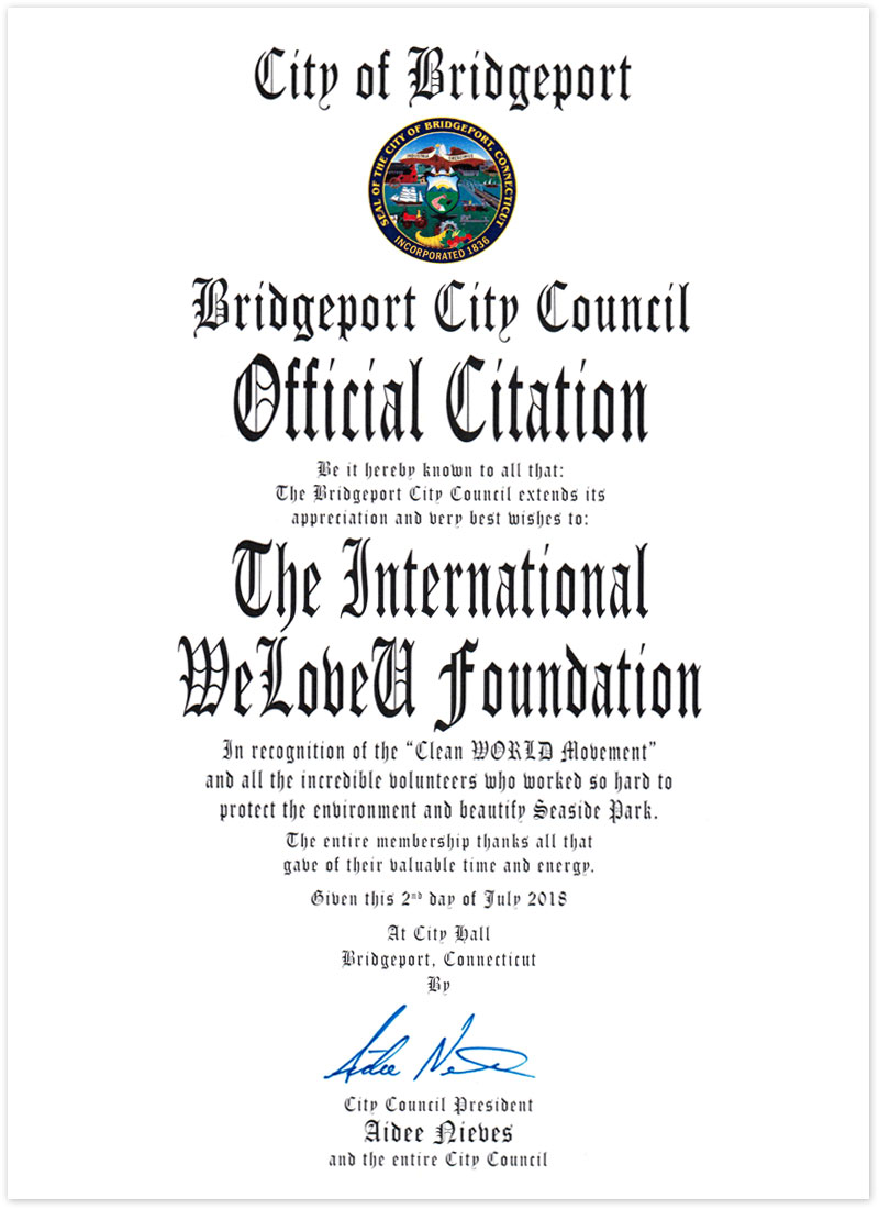 Citation from City Council of Bridgeport, CT, U.S.
