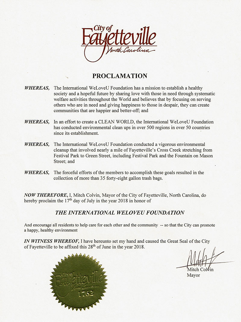 Proclamación de la Ciudad de Fayetteville, NC, EE. UU.