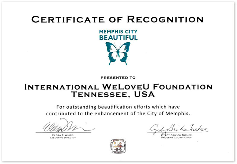 Certificate of Recognition from Memphis City Beautiful in Memphis, TN, U.S.