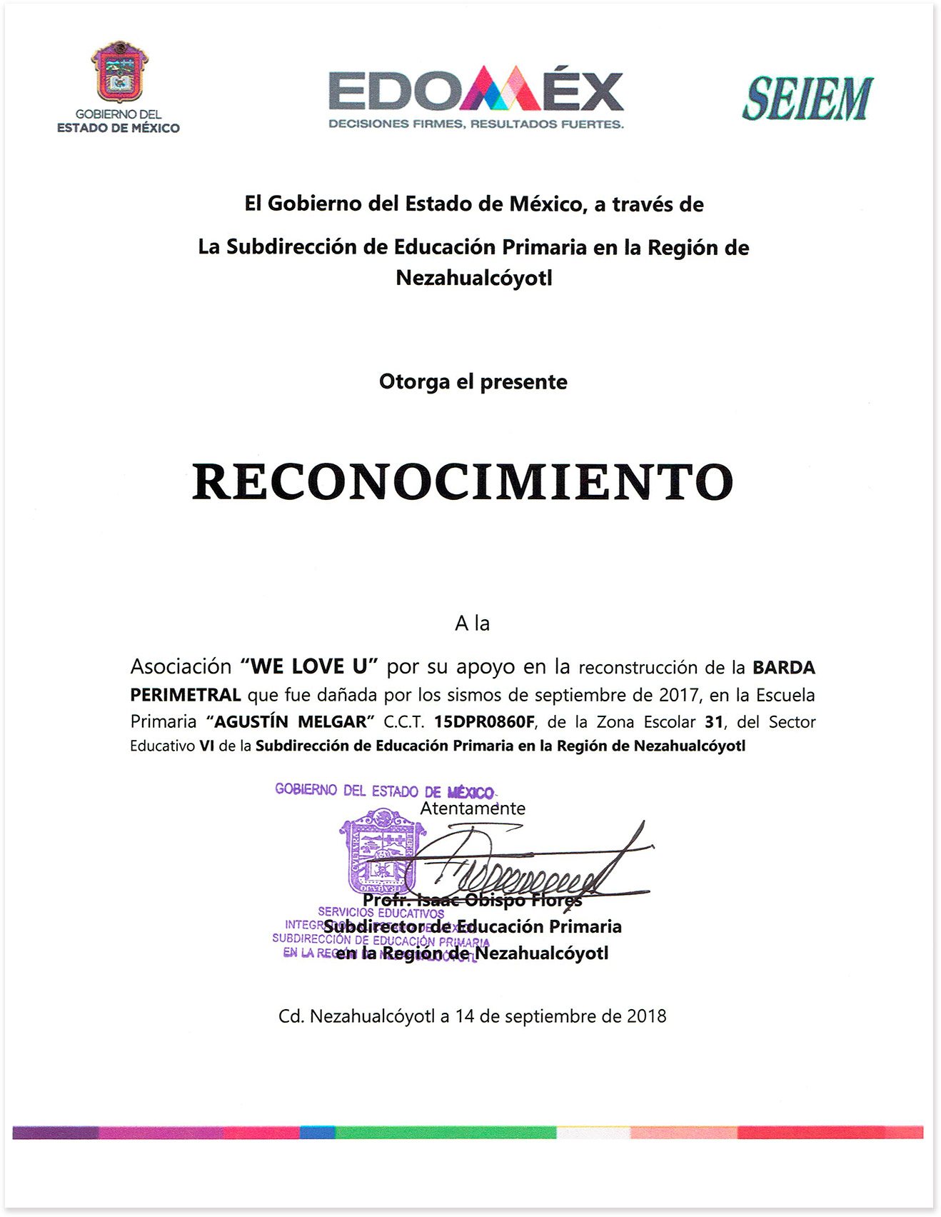 Reconocimiento del Subdirector de Educación Primaria en la Región de Nezahualcóyotl, México