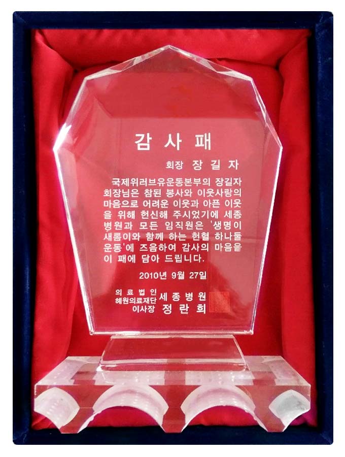 Plaque of Appreciation from the Director of Sejong Hospital, Republic of Korea