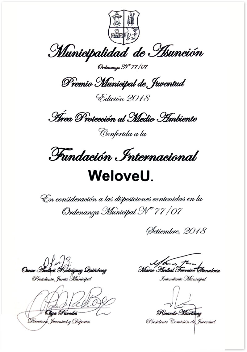 City Youth Award in Environmental Protection Field from City of Asuncion, Paraguay