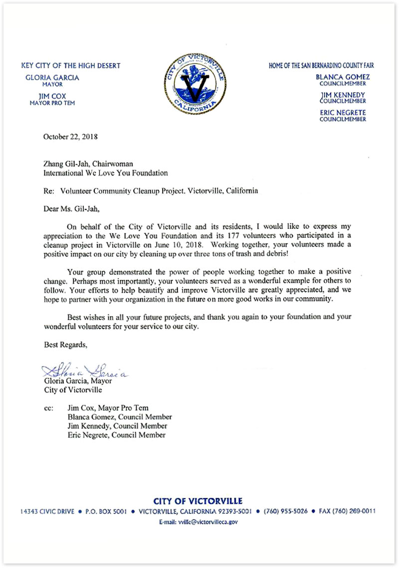 Letter of Appreciation from Mayor of Victorville, CA, U.S.