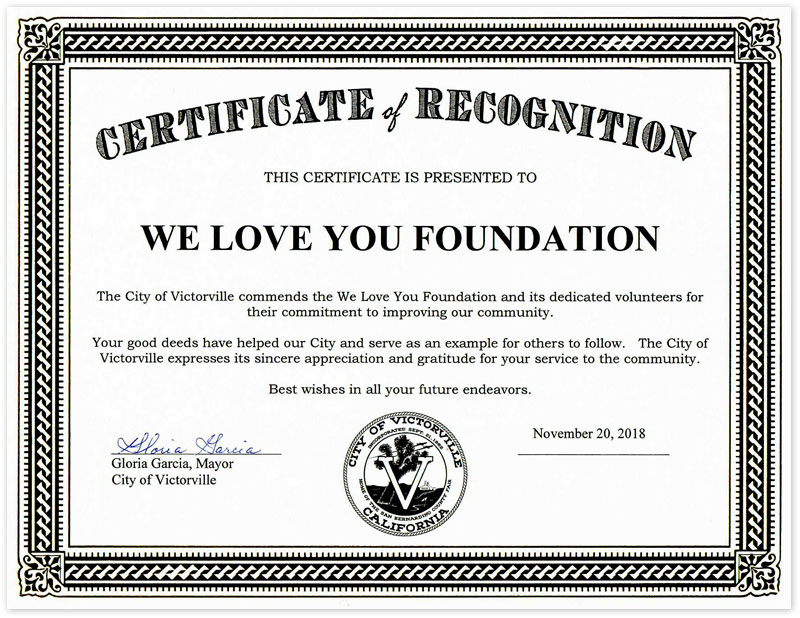 Certification of Recognition from Mayor of Victorville, CA, U.S.
