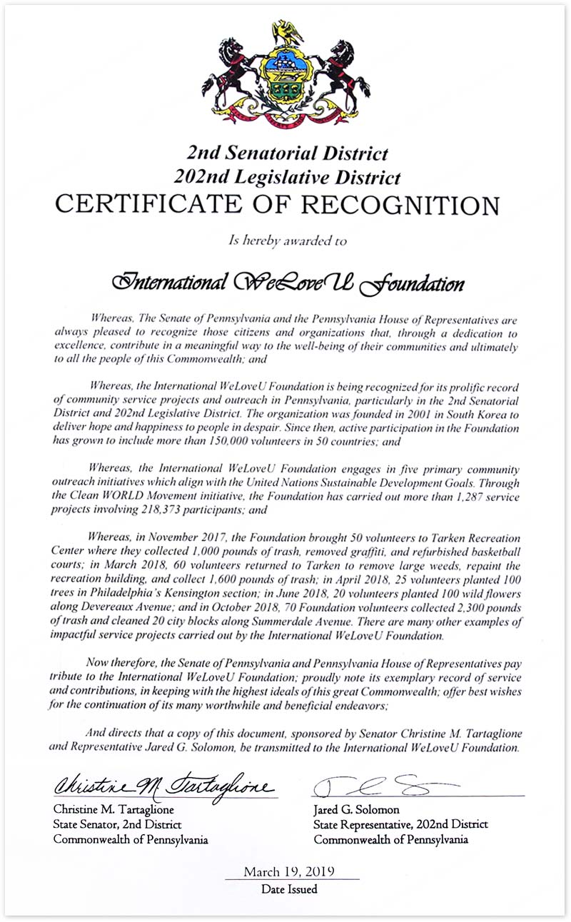 Certificate of Recognition from Pennsylvania General Assembly in the U.S.