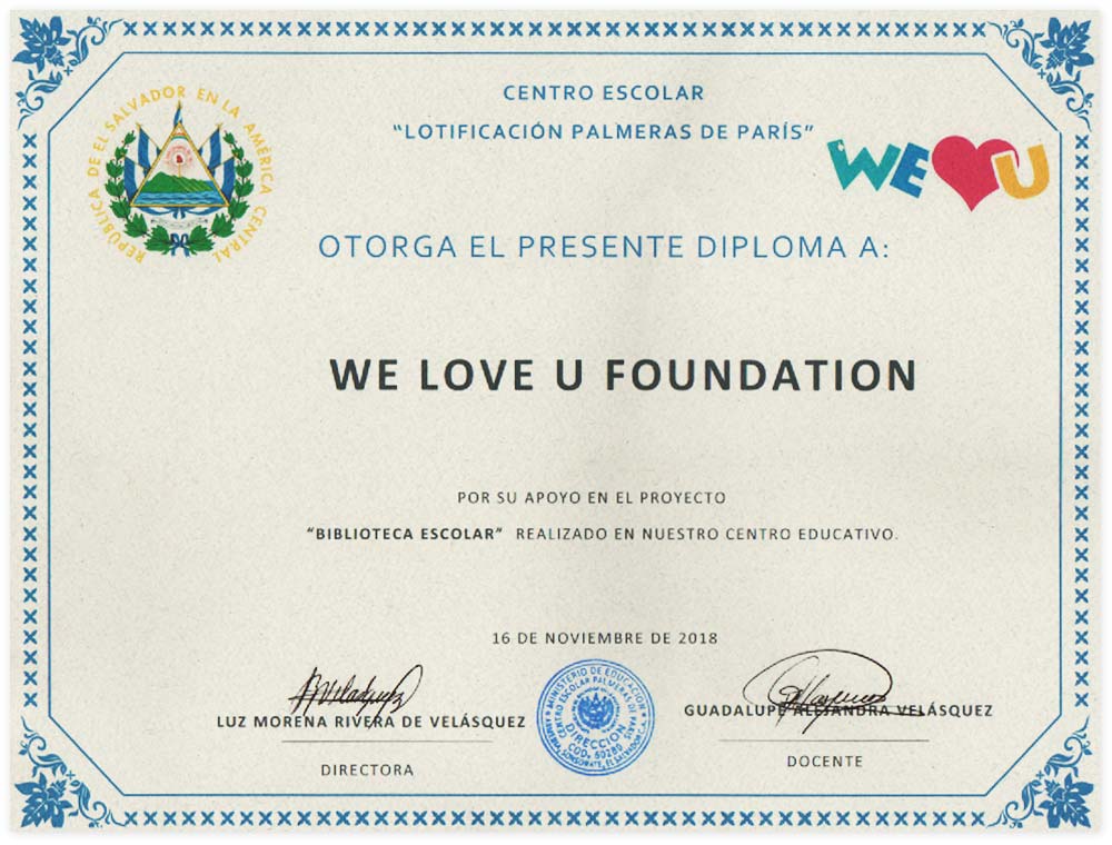 Diploma from the Director of Lotificacion Palmeras de Paris school in El Salvador