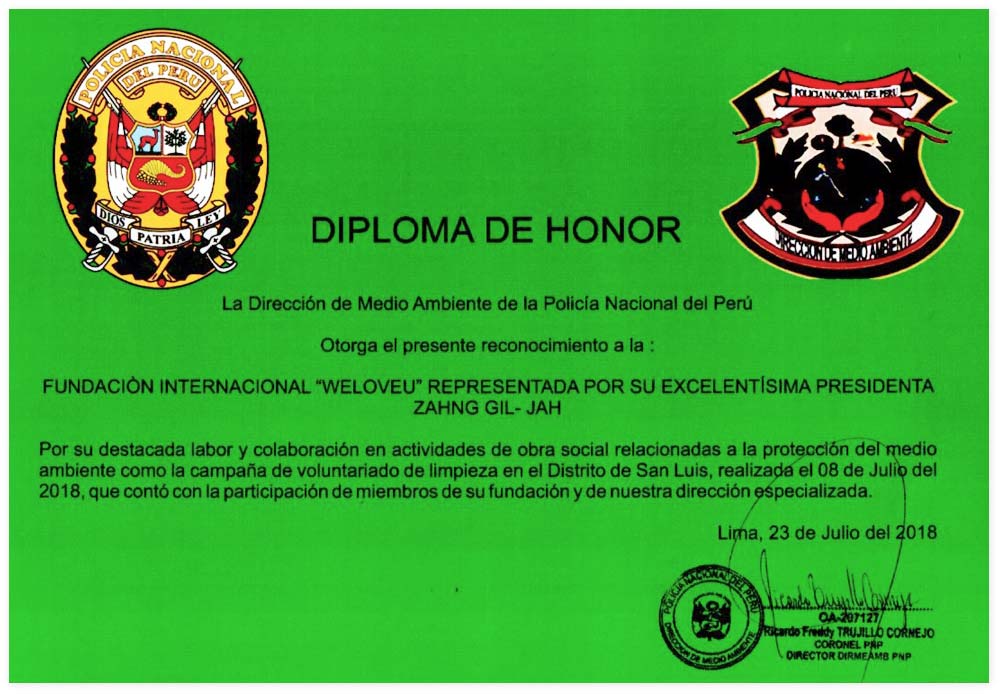 Diploma of Honor from DIRMEAMB PNP Director, Coronel in Peru