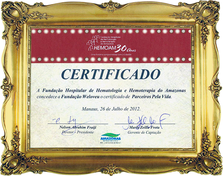 Certificate of Appreciation from Hospital Foundation of Hematology and Hemotherapy of Amazonas in Brazil.