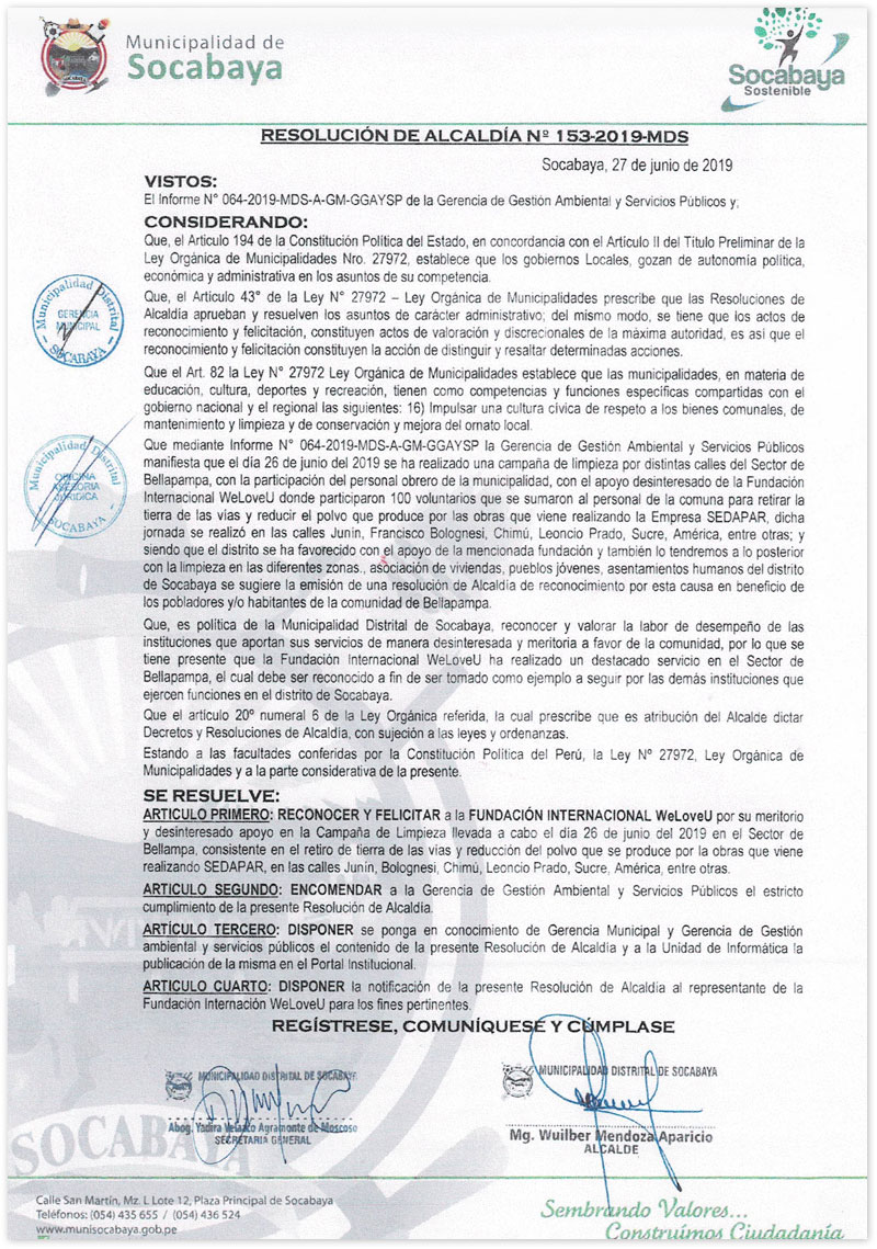 페루 아레키파시 소카바야 구청장 결의문