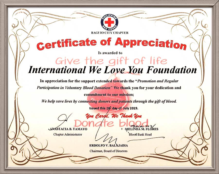 Bản cảm tạ của Tổng giám đốc Hội Chữ thập đỏ Philippines chi nhánh Baguio