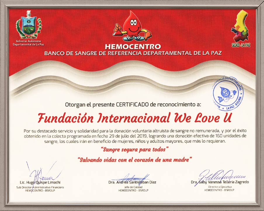 Certificate of Appreciation from Central State Blood Center of La Paz in Bolivia