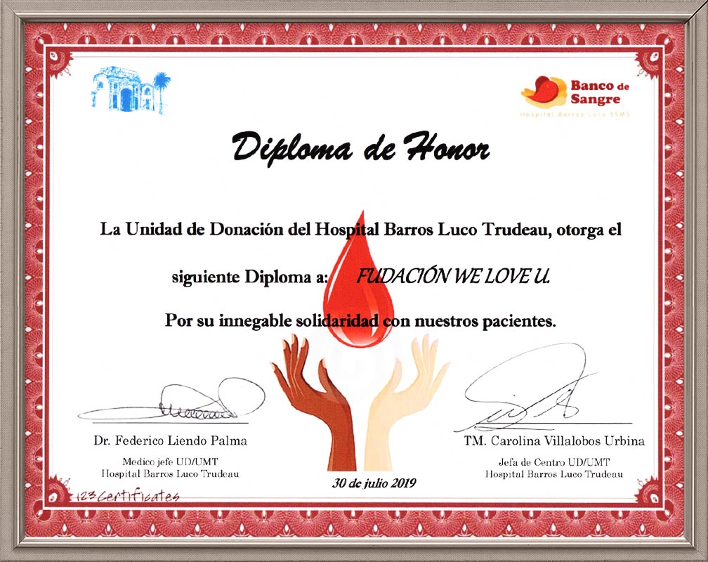 Bản cảm tạ của Giám đốc Ngân hàng huyết Bệnh viện tổng hợp Barros Luco Trudeau, Chile