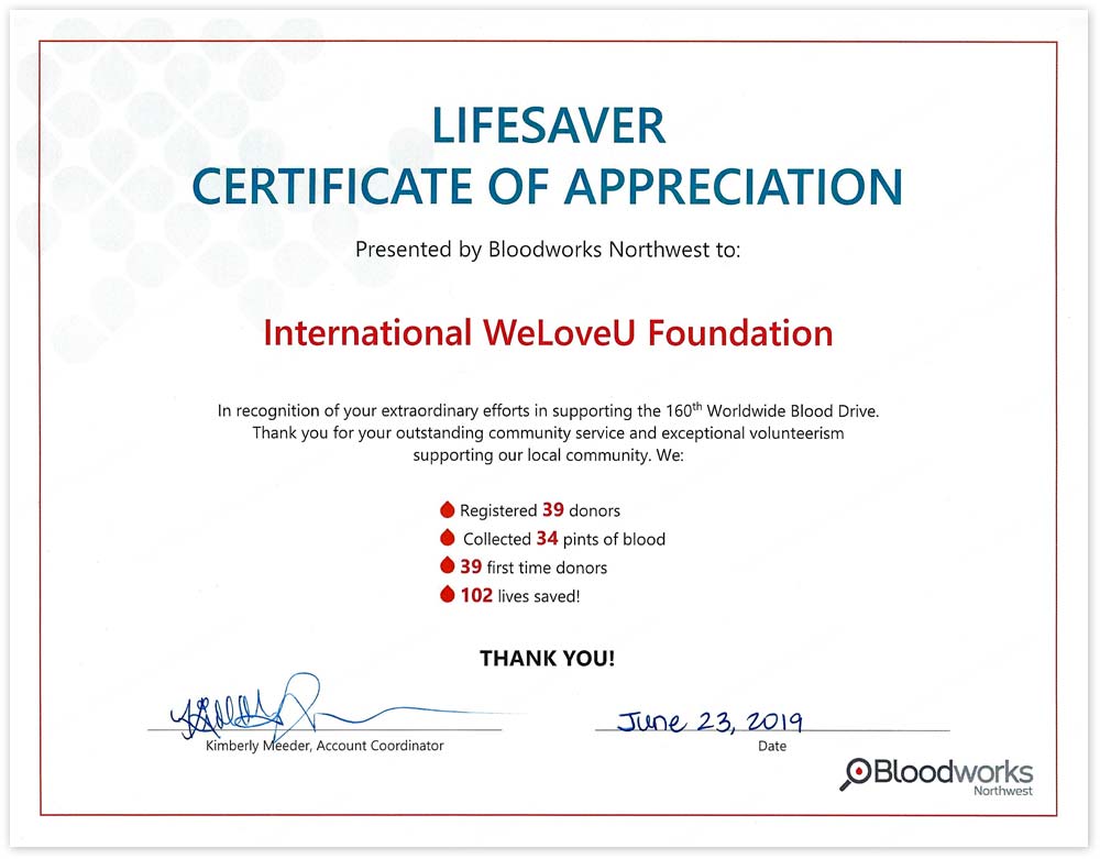 Certificate of Appreciation from Bloodworks Northwest in the U.S.