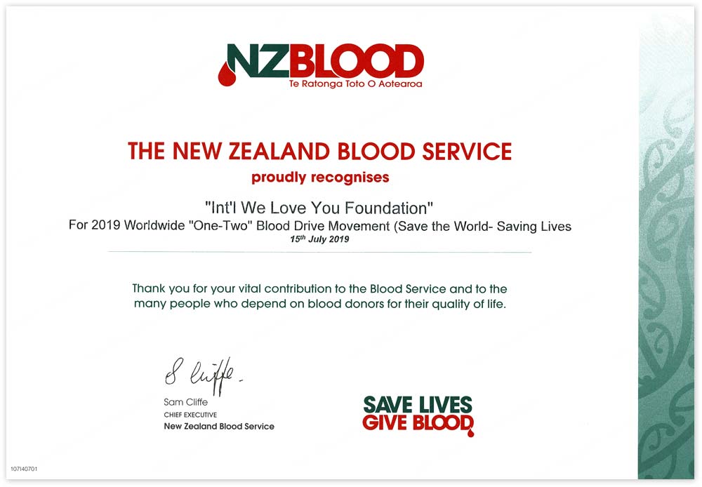 Certificate of Appreciation from New Zealand Blood Service