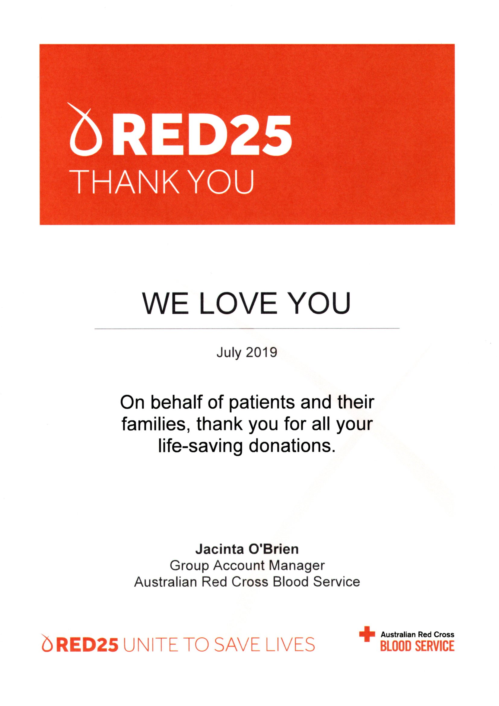 Certificate of Appreciation from Group Account Manager of the Australian Red Cross Blood Service
