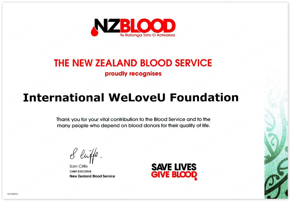 Certificate of Appreciation from Chief Executive of the New Zealand Blood Service