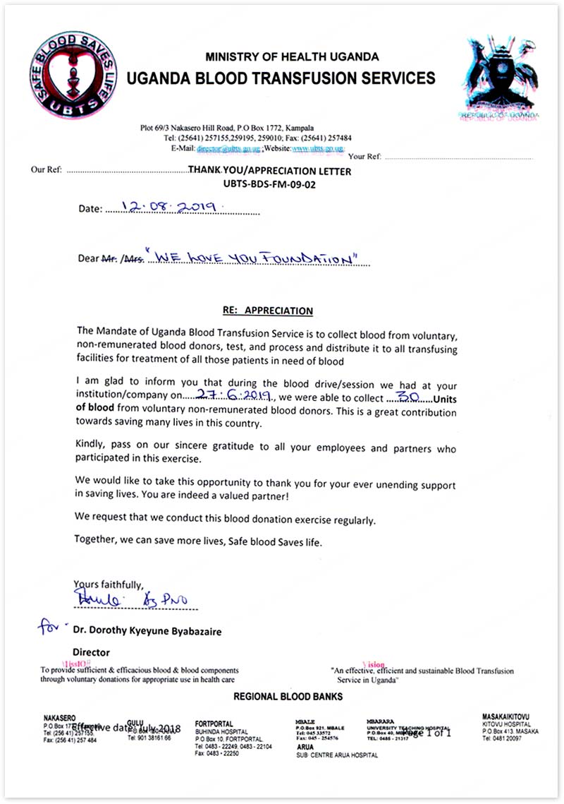 Letter of Appreciation from Uganda Blood Transfusion Services