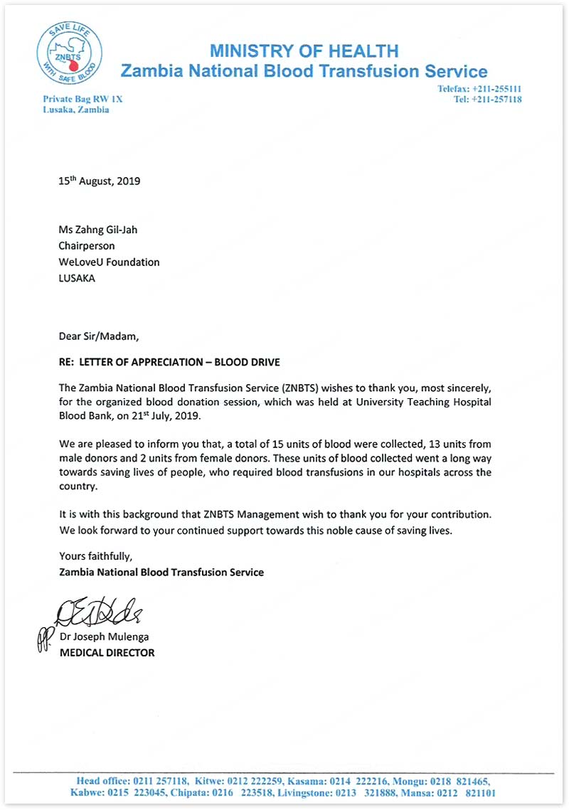 Carta de Agradecimiento del Servicio Nacional de Transfusión de Sangre de Zambia