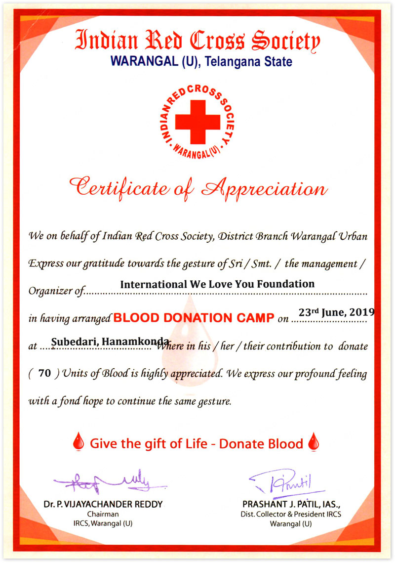 Bản cảm tạ từ Hội chữ thập đỏ Ấn Độ, chi nhánh Warangal (Urban)