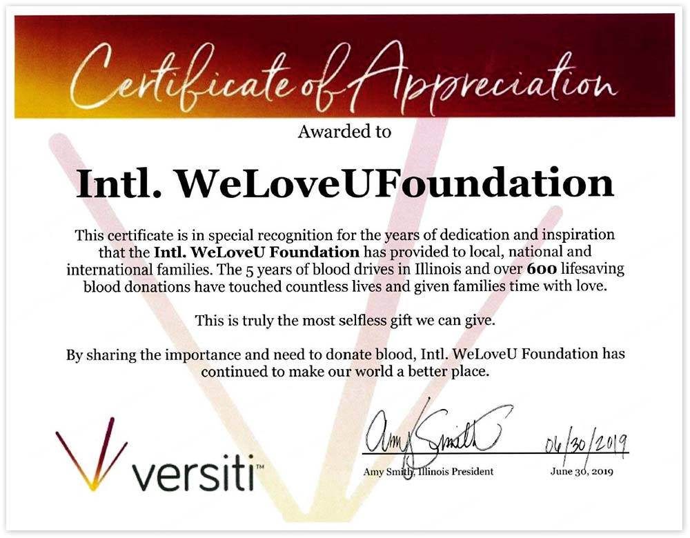 Certificate of Appreciation from Illinois President of the Versiti Blood Center in the U.S.