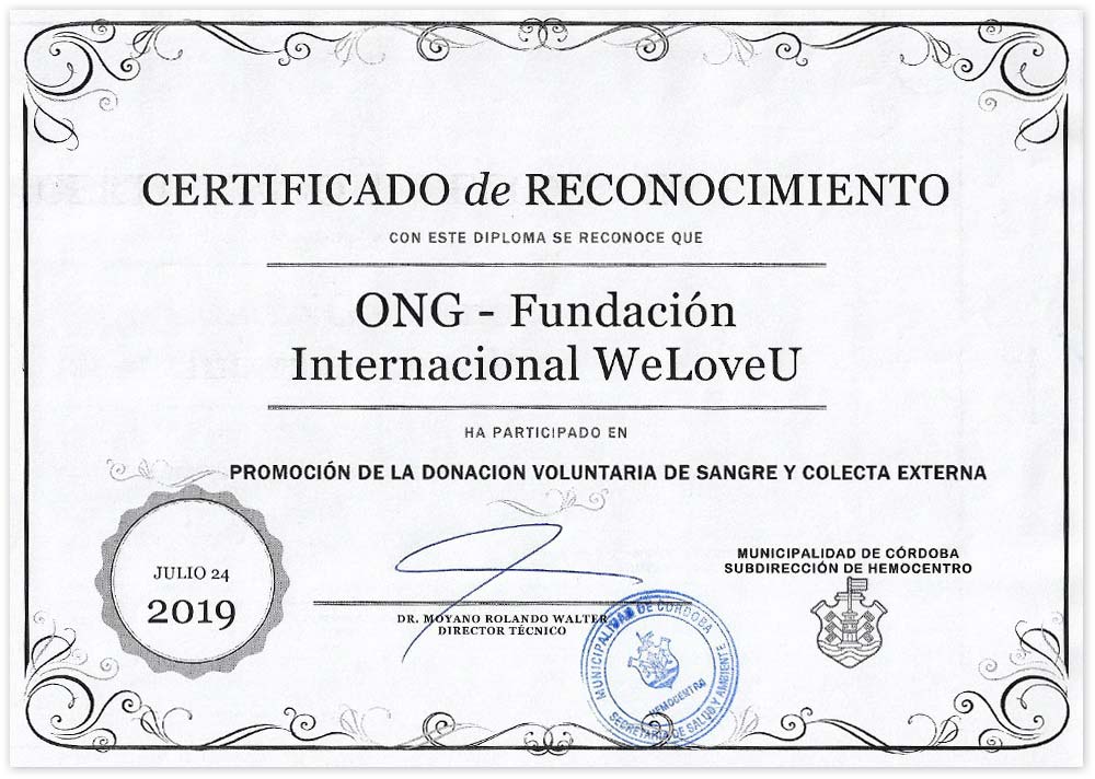 Certificate of Recognition from Subdirector of the Blood Center of the Municipality of Cordoba in Argentina