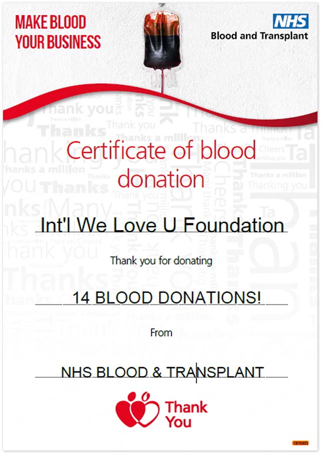 영국 국가보건서비스 혈액 및 이식센터 감사장