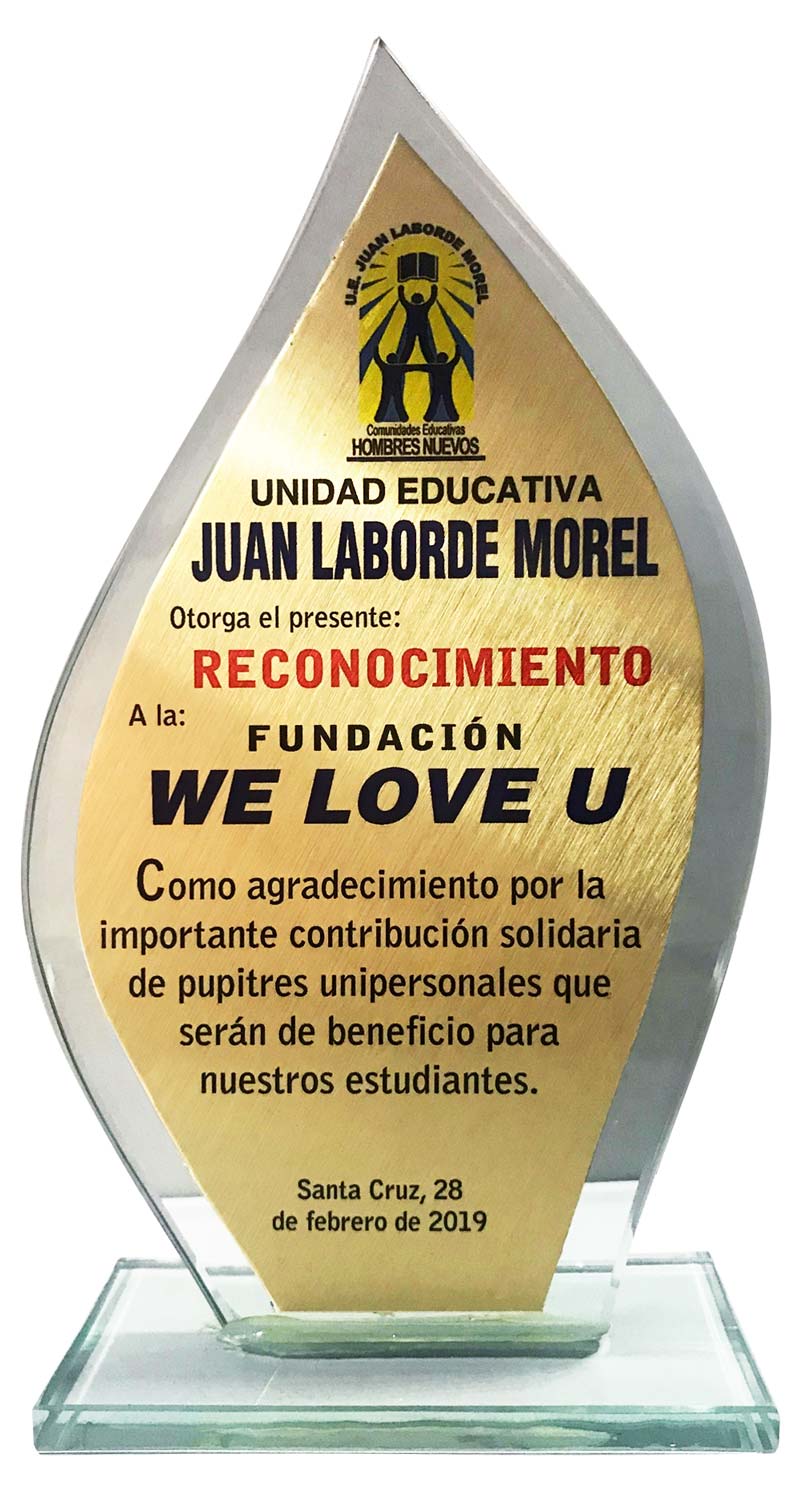 Plaque of Appreciation from Juan Laborde Morel Educational Institute in Bolivia