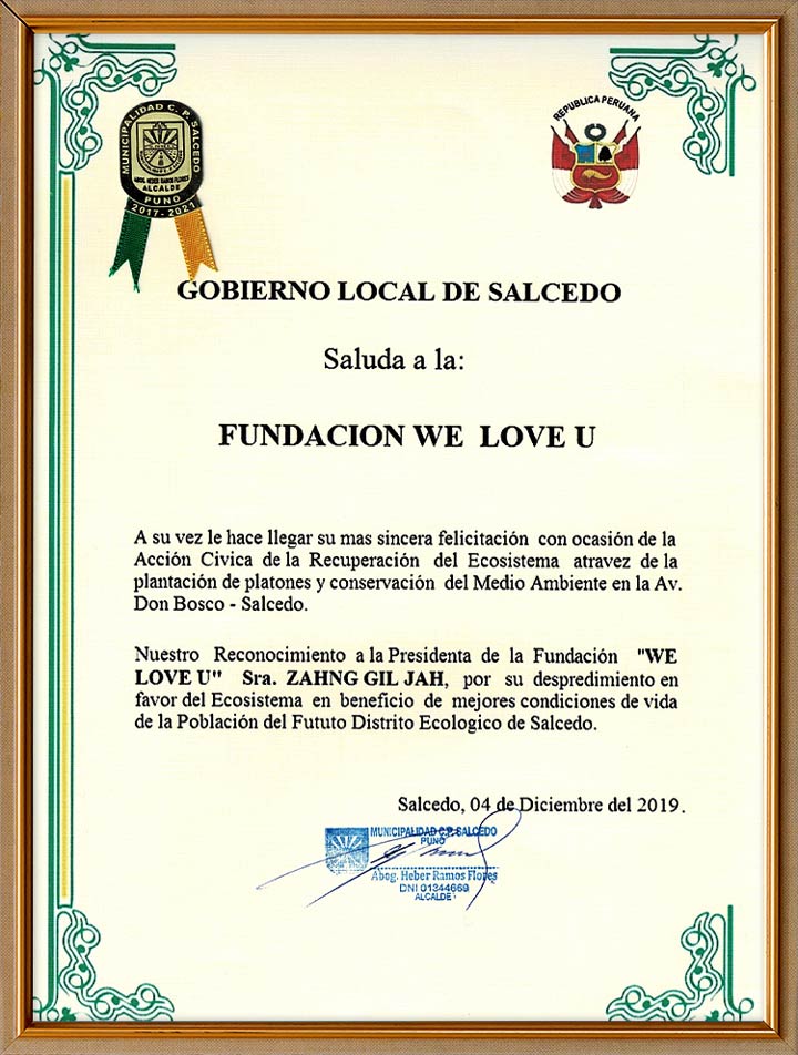 Certificado de Agradecimiento del Alcalde de la Municipalidad de Centro Poblado de Salcedo, Puno, Perú