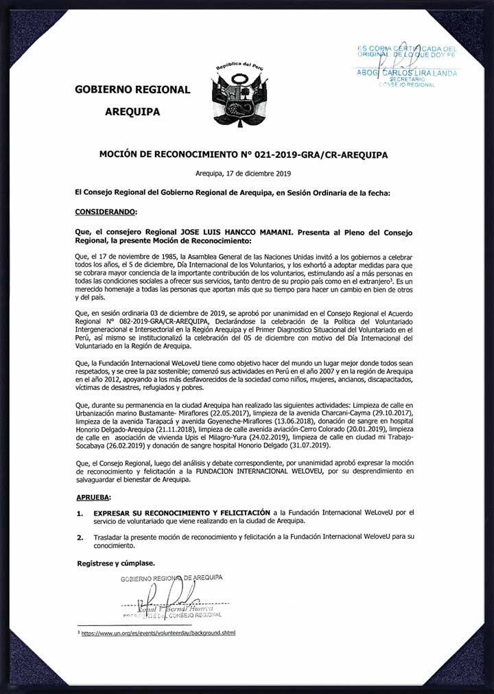 Resolución del Presidente del Consejo Regional del Gobierno de Arequipa, Perú