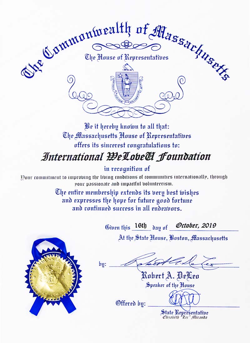 Certificate of Recognition from Massachusetts House of Representatives in the U.S.