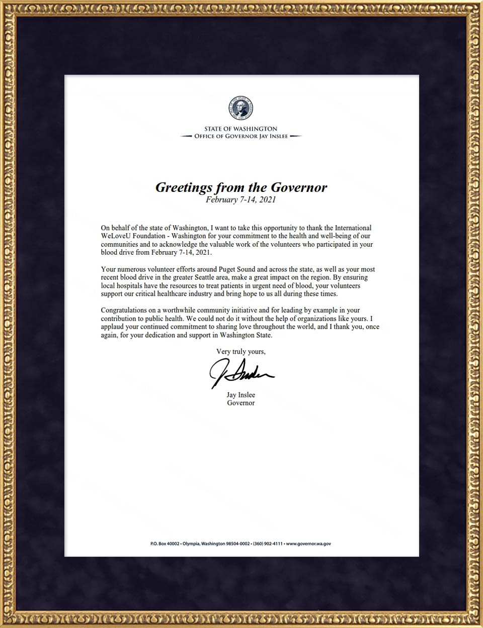 Letter of Appreciation from Governor of Seattle, Washington State in the U.S.
