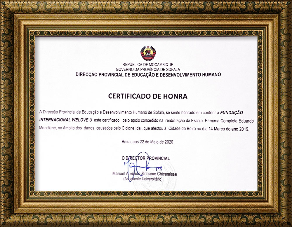 Certificado de Honor del Director de la Dirección Provincial de Educación y Desarrollo Humano de Sofala, Mozambique