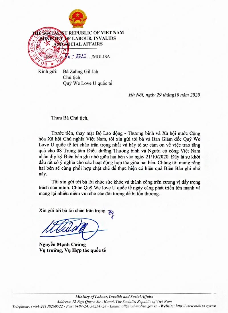베트남 노동보훈사회부 국제협력국장 감사 편지