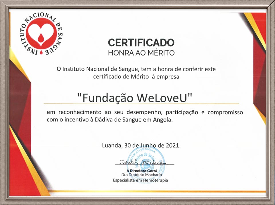 Certificate of Honor and Merit from National Blood Institute of Angola