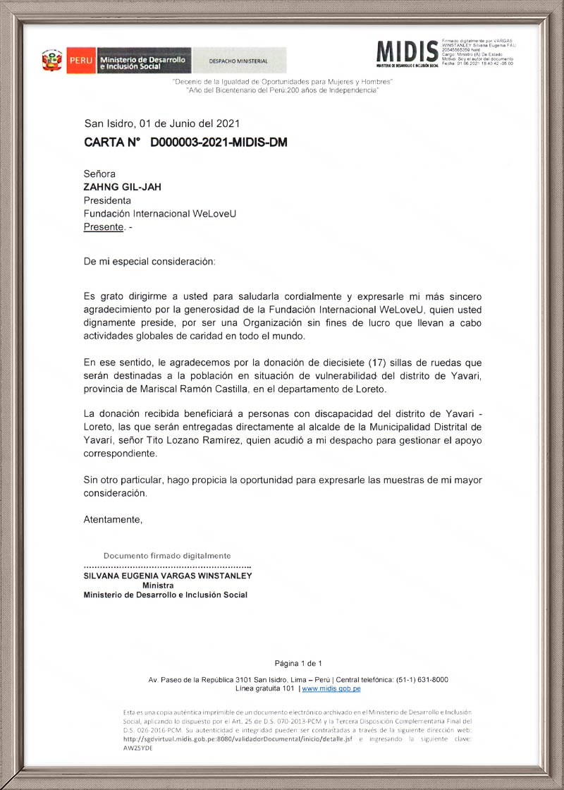 Letter of Appreciation from Minister of the Ministry of Social Inclusion and Development in Peru