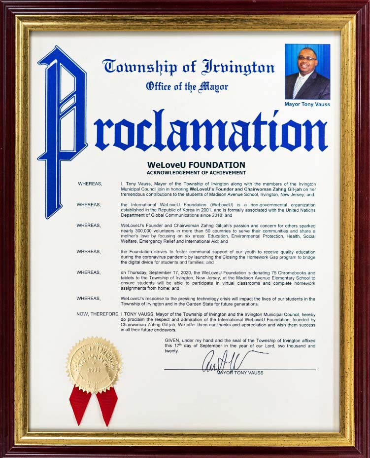 Proclamation from Mayor of the Township of Irvington in the U.S.