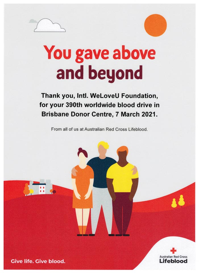 Certificate of Appreciation from Australian Red Cross Blood Service(WeLoveU)