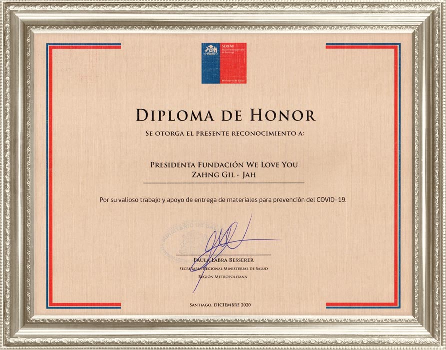 Certificate of Recognition from Regional Ministerial Secretary of Health for Metropolitan Region, Chile